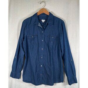 SHIRT 469 Women Size 14 Blue Denim Shirt Button Down Convert Roll Tab 3/4 or L/S